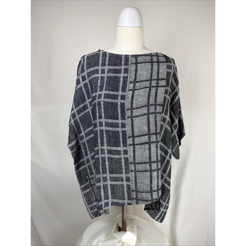 NWT Chalet L72702 Black Gray Plaid Linen Oversized Top 1X #0739 USA